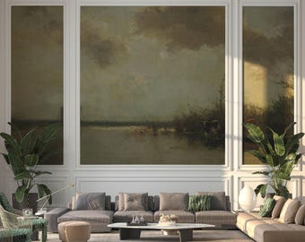 Wallpaper with riverbank scene. Landscape with pond and cloudy sky. LAN066