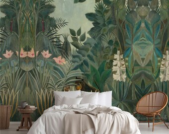 The Equatorial Jungle wallpaper, Henri Rousseau wall mural, Peel and Stick Tropical Decor. HER002