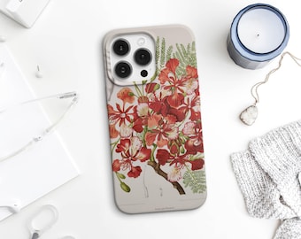 Vintage Botanical Phone Case Red Floral iPhone Cover Cottagecore Tech Accessory Gift