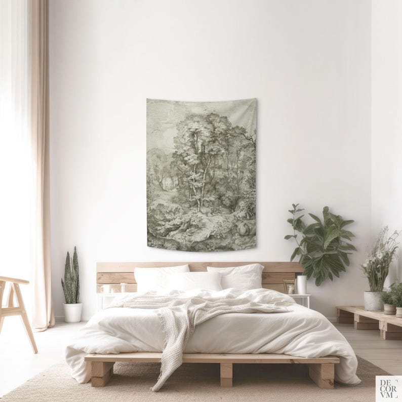 Forest tapestry monochrome print, Tree wall art drawing, German artist, Fabric wall hanging. LAN022EU 150x110 cm | 60x43 inches