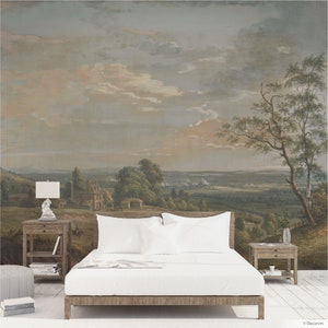 Rural painting wall mural, Cottagecore decor wallpaper with a landscape watercolor by Paul Sandby, Mellow wall art. LAN032