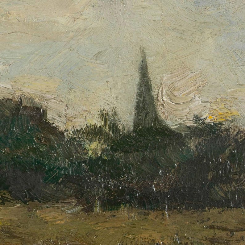 The image is an oil painting depicting a landscape with a tall tower or spire in the background, surrounded by trees and hills.