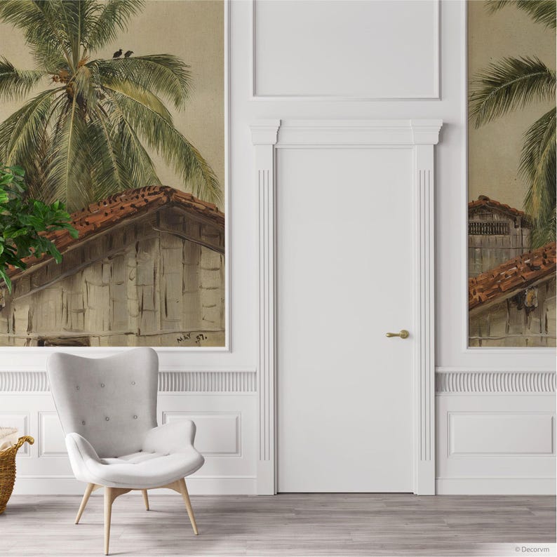 Mural de palmeras pintadas, papel pintado vintage tropical para dormitorio, decoración bohemia terracota. LAN016 imagen 6