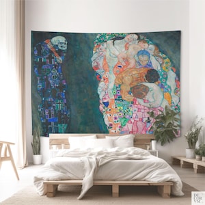 Gustav Klimt Tod und Leben Tapisserie, Wandbehang aus Spanien, Baumwolle, Klimt Textildruck für klassisches Interieur. KLI001EU