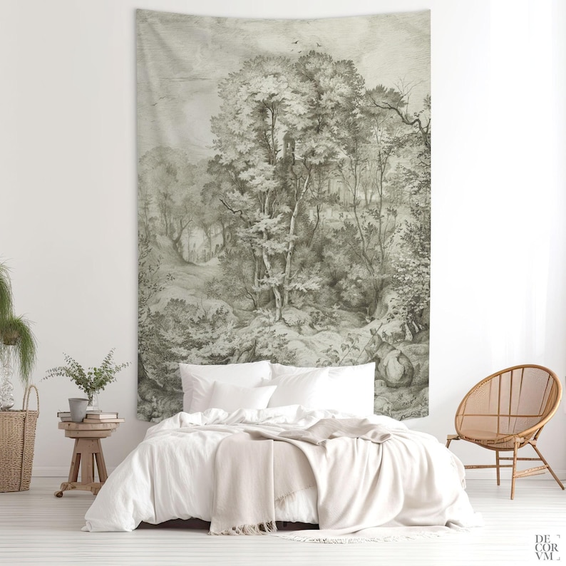 Forest tapestry monochrome print, Tree wall art drawing, German artist, Fabric wall hanging. LAN022EU image 5