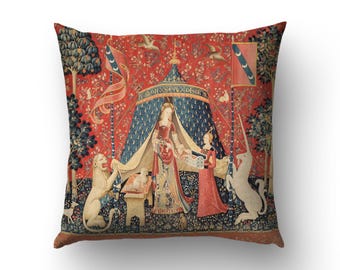 The Lady and the Unicorn throw pillow cover, Medieval home decor