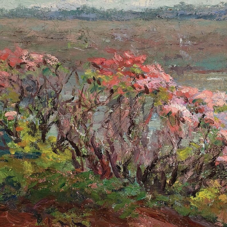 Pink Blossoms mural landscape. Flower meadow by the lake. American Impressionist art. LAN058 image 16