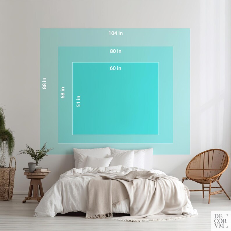 May include: A bedroom scene with a bed, side table, and chair. The wall features a teal-colored square design with measurements: 104 in, 88 in, 80 in, 68 in, 60 in, and 51 in. The room is decorated in neutral tones.