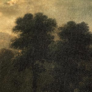 May include: A painting of a forest scene with two large trees in the foreground. The trees are dark green and the background is a light blue with clouds.