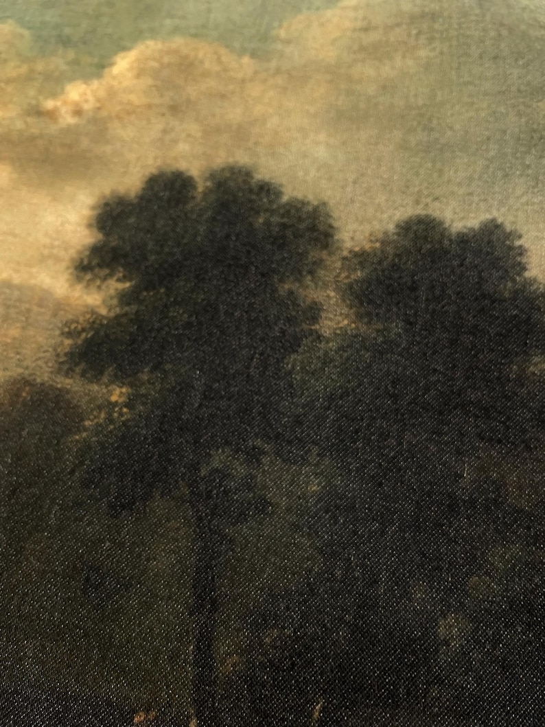 May include: A painting of a forest scene with two large trees in the foreground. The trees are dark green and the background is a light blue with clouds.