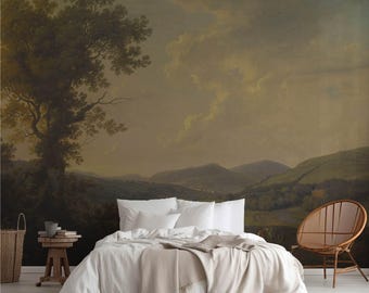 Pastoral English Countryside Wallpaper Mural, Georgian Landscape Art for Farmhouse Decor. LAN126