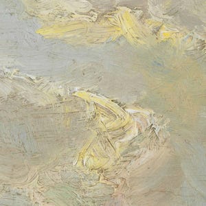 The image is an abstract painting with a mix of yellow and gray colors, featuring brushstrokes and splatters that create a dynamic and textured appearance.