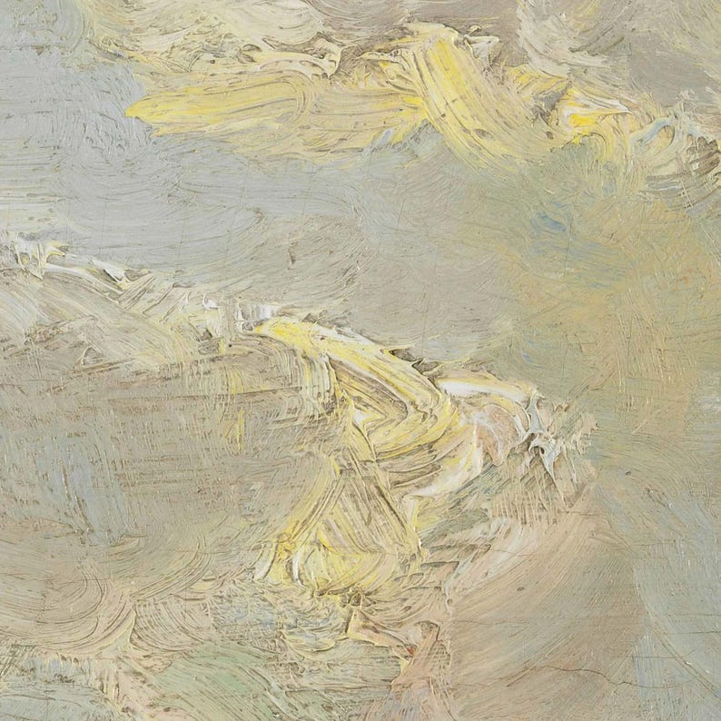 The image is an abstract painting with a mix of yellow and gray colors, featuring brushstrokes and splatters that create a dynamic and textured appearance.
