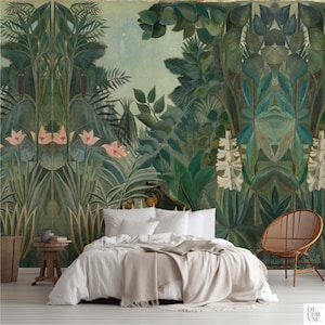 Dschungel-Tapete, Henri Rousseau-Wandbild Der äquatoriale Dschungel, Schälen und Aufkleben-Wandverkleidung, tropische Badezimmertapete. HER002