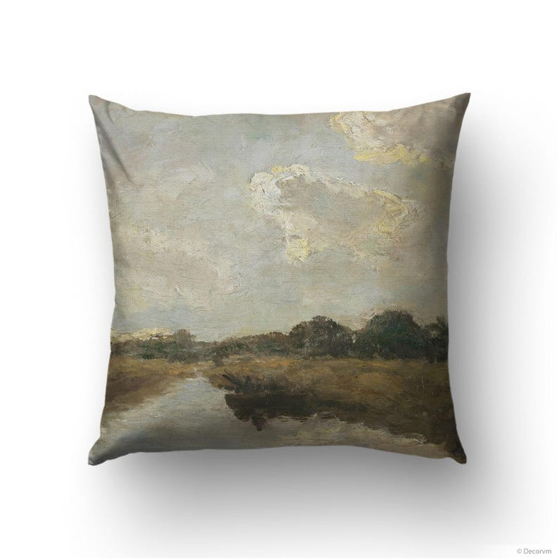 Antique Dutch River Landscape Throw Pillow Cover Moody Rustic Living Room Decor. LAN017 image 1