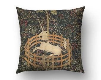 Unicorn in Captivity pillow cover for medieval home decoration, Cotton fabric. Netherlandish art, living room decor. UNI003EU