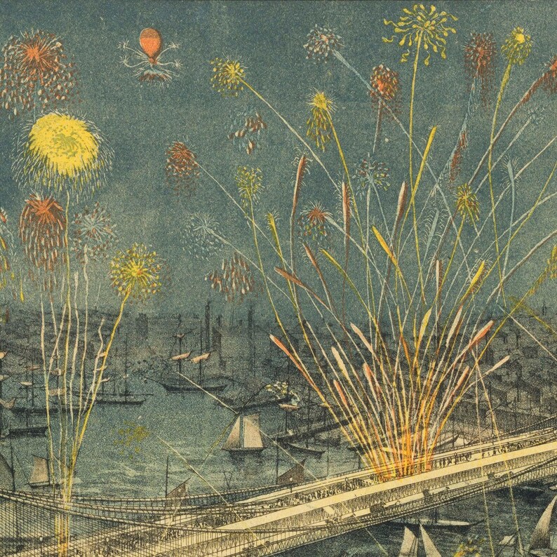 Brooklyn Bridge Fireworks Wall Tapestry for Living Room, 1883 New York Vintage Decor. MAP002 image 7