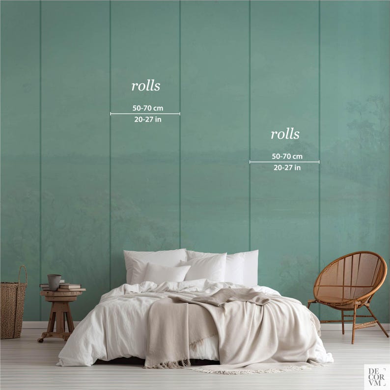 May include: A bedroom scene featuring a bed with white bedding and a beige throw blanket. The backdrop is a textured teal wall with vertical panels. The text "rolls" is displayed with measurements of 20-27 inches and 50-70 cm. A wooden side table, chair, and basket are also visible.