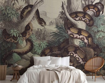 Vintage Snake Jungle Wallpaper Mural, 19th Century Art. VIN005