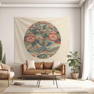 Peacock Medallion Tapestry, Ming Dynasty Style Wall Hanging, Printed in USA. CHI004 image 5