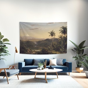 Tropical landscape wall tapestry of Cotopaxi in South America. 19th century painting printed on cotton fabric. Vintage wall decor. LAN015EU