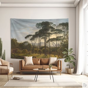 イタリアの風景と傘と松の壁掛けタペストリー、オランダ絵画、壁装飾用の風景画、コットンタペストリー。LAN004EU