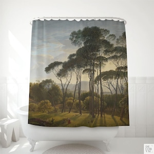 Italian Landscape Shower Curtain with Umbrella Pines Print – Vintage Art Bathroom Decor – Classical Countryside Scene Bath Curtain. LAN004