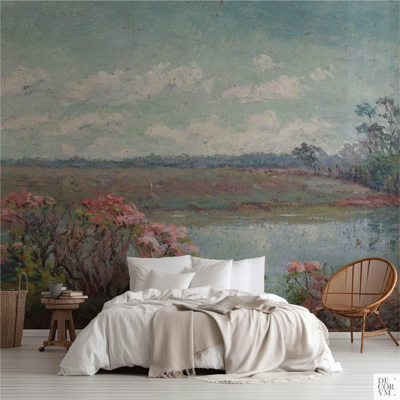 Pink Blossoms mural landscape. Flower meadow by the lake. American Impressionist art. LAN058 Custom (contact us)