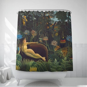 Henri Rousseau Shower Curtain, The Dream printed on shower fabric for tropical bathroom decor. HER001