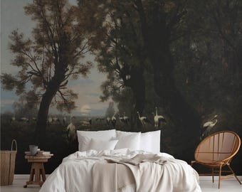 Moody Landscape Wallpaper Mural Storks Marsh Oil Painting Dark Academia Wall Decor. LAN105