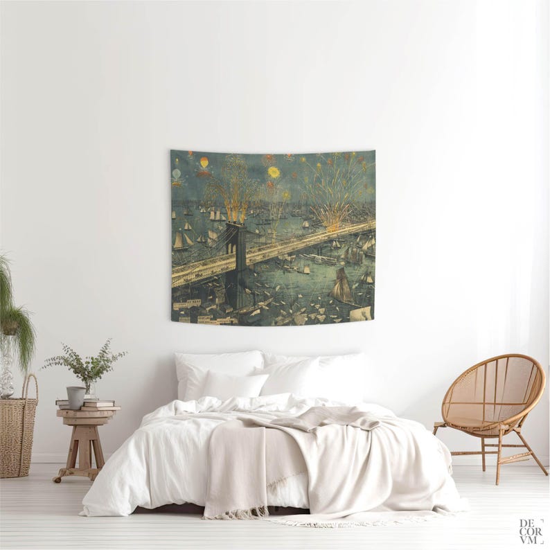 Brooklyn Bridge Fireworks Wall Tapestry for Living Room, 1883 New York Vintage Decor. MAP002 image 11