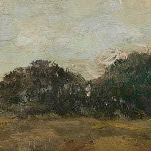 The image is an oil painting depicting a landscape with a cloudy sky and a grassy field.