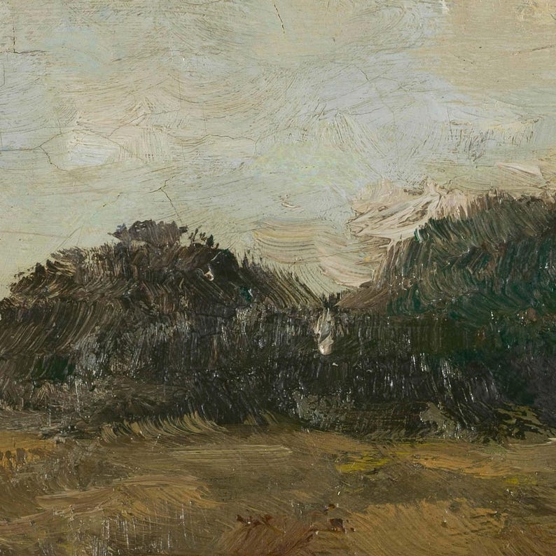 The image is an oil painting depicting a landscape with a cloudy sky and a grassy field.
