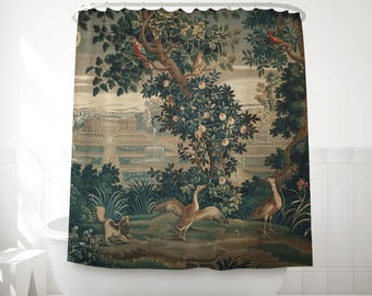 Shower curtain Verdure Chateau and Garden with birds and dog. French 18th Century. TRE008