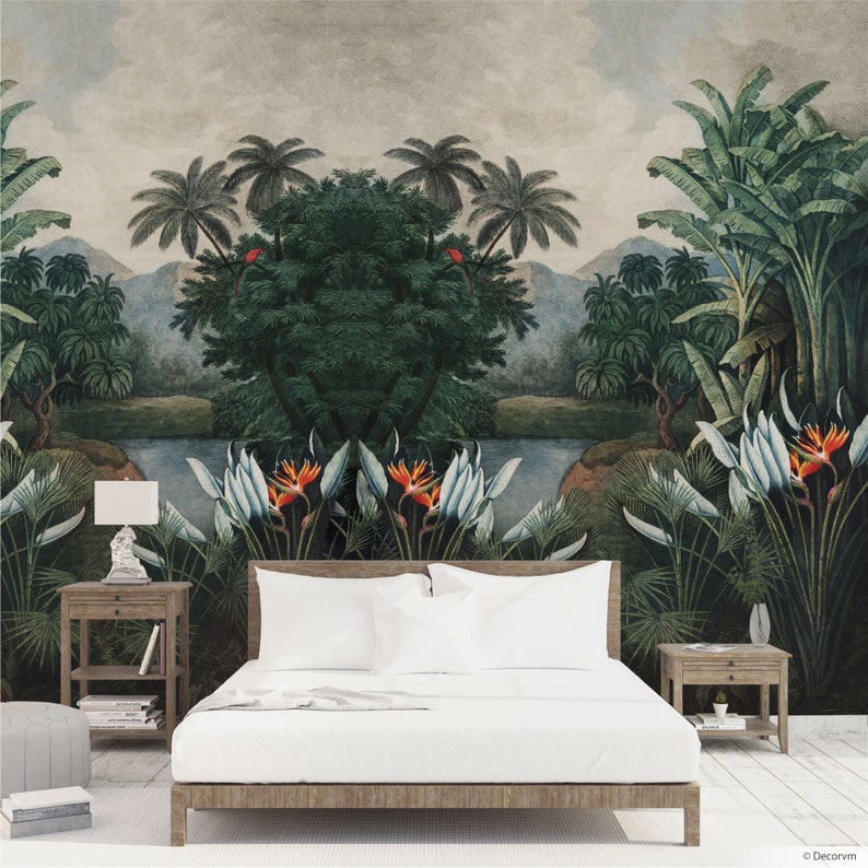 Tropical Jungle Vintage Peel and Stick Wallpaper Trees and Etsy