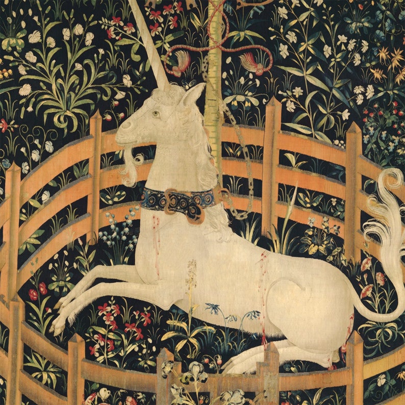 Unicorn tablecloth, medieval decor The Unicorn in Captivity for a vintage kitchen. Netherlandish art. UNI003 image 4