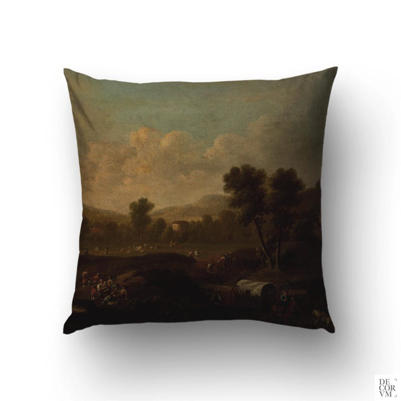 May include: A throw pillow featuring a vintage painting of a rural landscape with a group of people gathered in the foreground. The sky is a soft blue with fluffy white clouds. The trees are a dark green and the ground is a light brown.