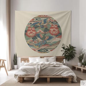 Peacock Medallion Tapestry, Ming Dynasty Style Wall Hanging, Printed in USA. CHI004 image 7