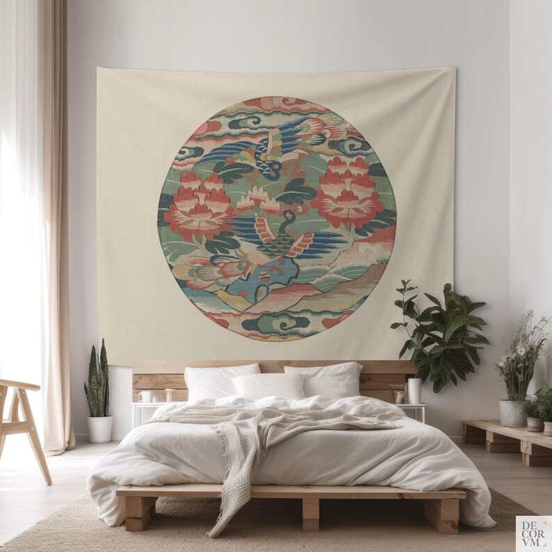 Peacock Medallion Tapestry, Ming Dynasty Style Wall Hanging, Printed in USA. CHI004 image 7