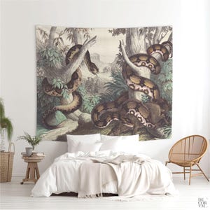 Snake tapestry, Vintage art print for wall decoration, Reptile lithograph art from the 19th century. VIN005