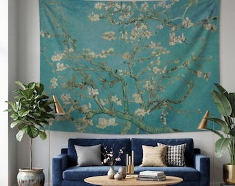 Turquoise Blue Wall Tapestry Living Room, Vincent van Gogh Almond Blossom Botanical
