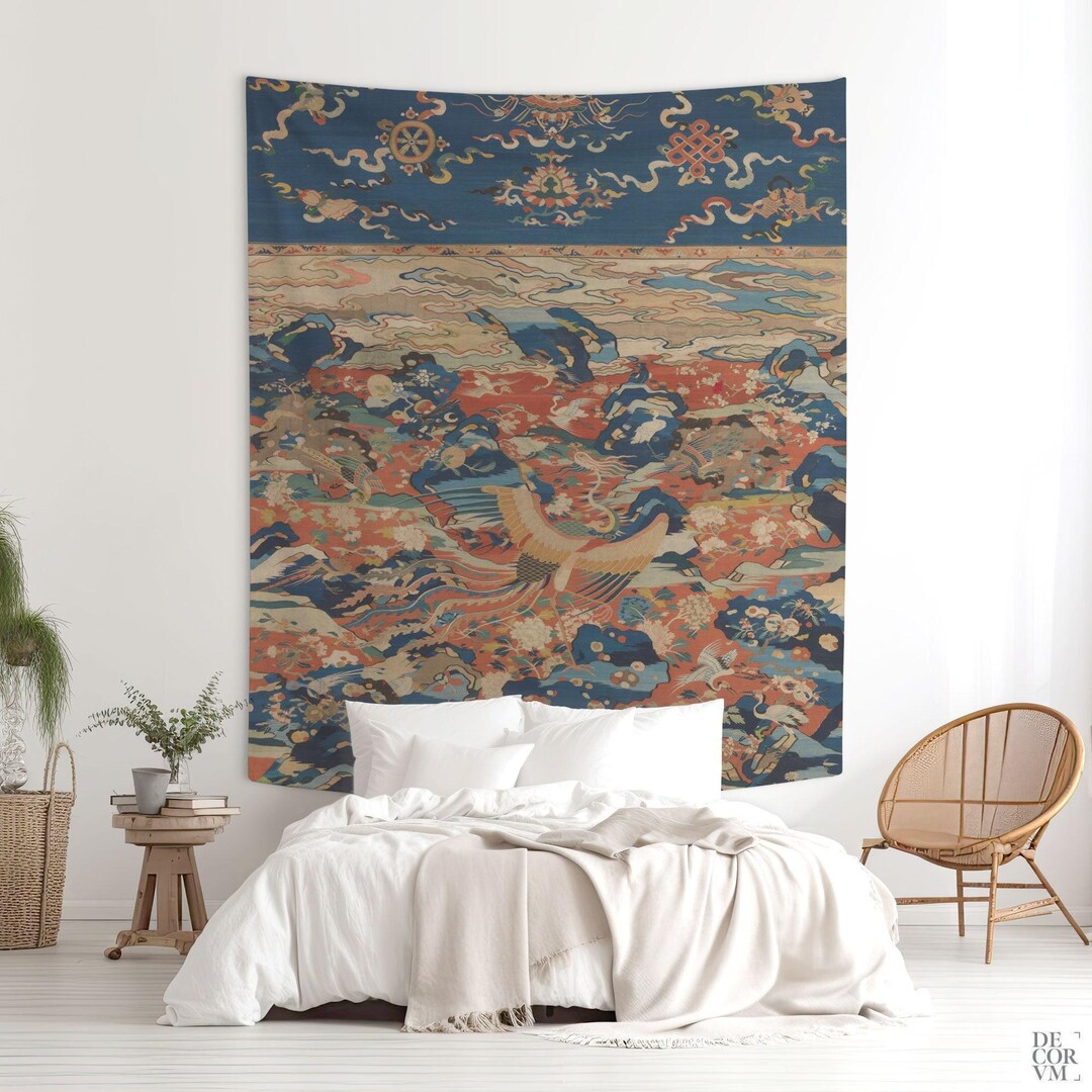 Chinese Tapestry of Phoenix and Birds in a Rock Garden, Chinese Wall Art,  Ming Dynasty Textile, Bohemian Decor, Fabric Wall CHI001
