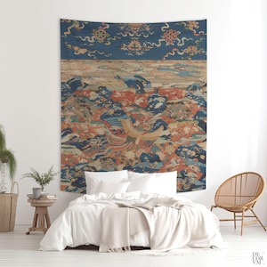 Tapiz chino de fénix y aves en un jardín de rocas, arte mural chino, textil de la dinastía Ming, decoración bohemia, tapiz de tela. CHI001
