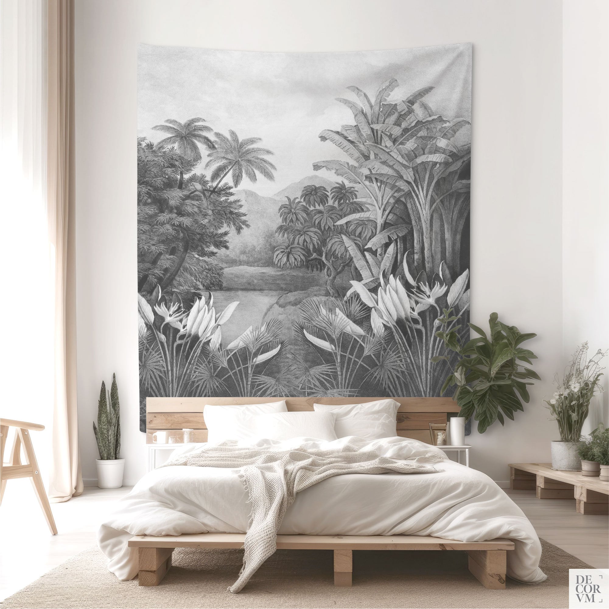 Panneau Mural jungle XXL imprimé en noir et blanc sur toile coton