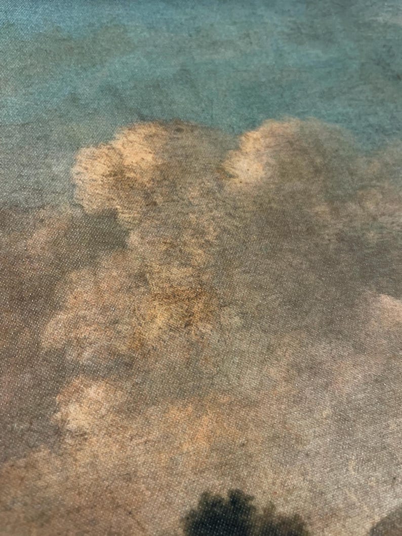 May include: A close-up of a textured fabric with a faded, watercolor-like design of clouds in shades of blue, brown, and white.