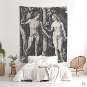 Adam And Eve Tapestry, Albrecht Dürer, Fine Art Tapestry, Art Lover Gift, Old Master Print, Etching Print Tapestry. DUR001