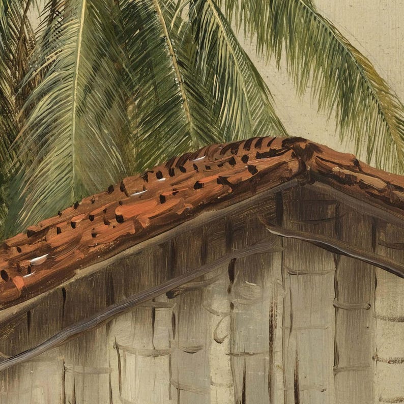 Puede incluir: Pintura al &oacute;leo que representa una escena tropical. La imagen presenta un tejado de tejas de terracota, con un fondo de hojas de palmera verdes. Las paredes del edificio est&aacute;n pintadas de color beige claro.