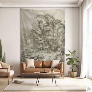 Forest tapestry monochrome print, Tree wall art drawing, German artist, Fabric wall hanging. LAN022EU image 6