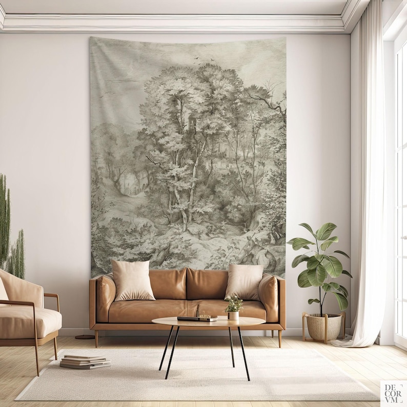Forest tapestry monochrome print, Tree wall art drawing, German artist, Fabric wall hanging. LAN022EU image 6