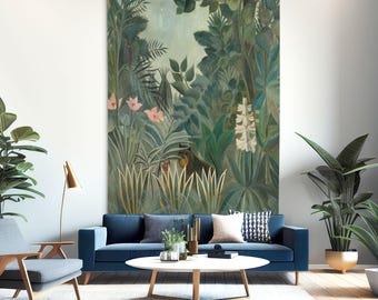 May include: A large rectangular wall tapestry featuring a dense jungle scene with various shades of green foliage, tall palm leaves, pink flowers, and a white floral stalk. The artwork displays a dark animal silhouette nestled within the plants.